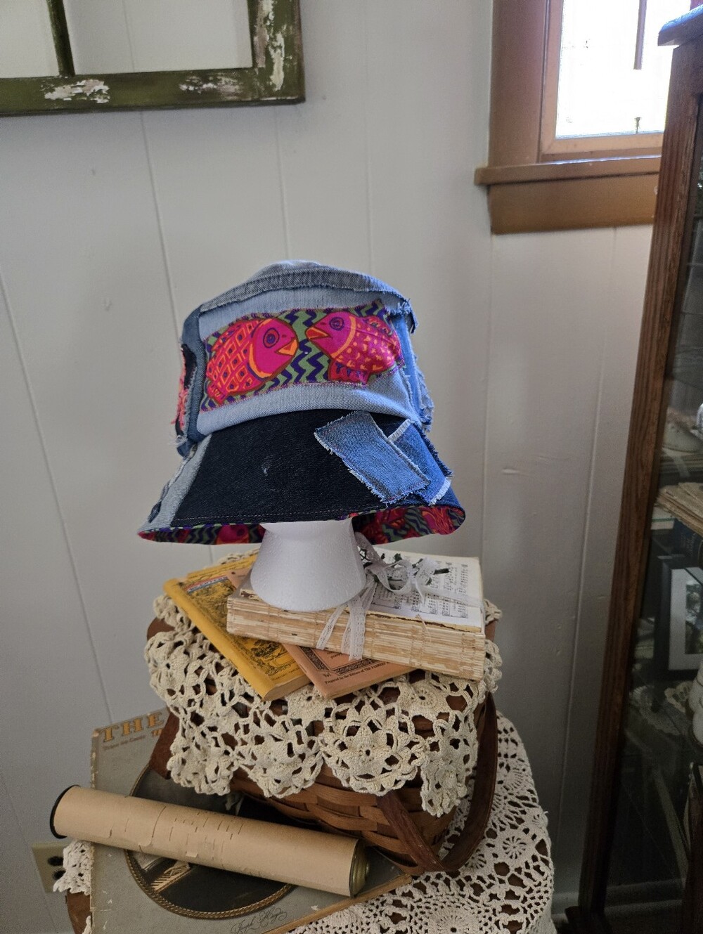 Denim Patch Bucket Hat with Pink Fish Accent